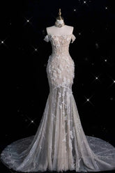 Unique Mermaid Off The Shoulder Sequin Short Sleeves Wedding Dresses Brides Dress